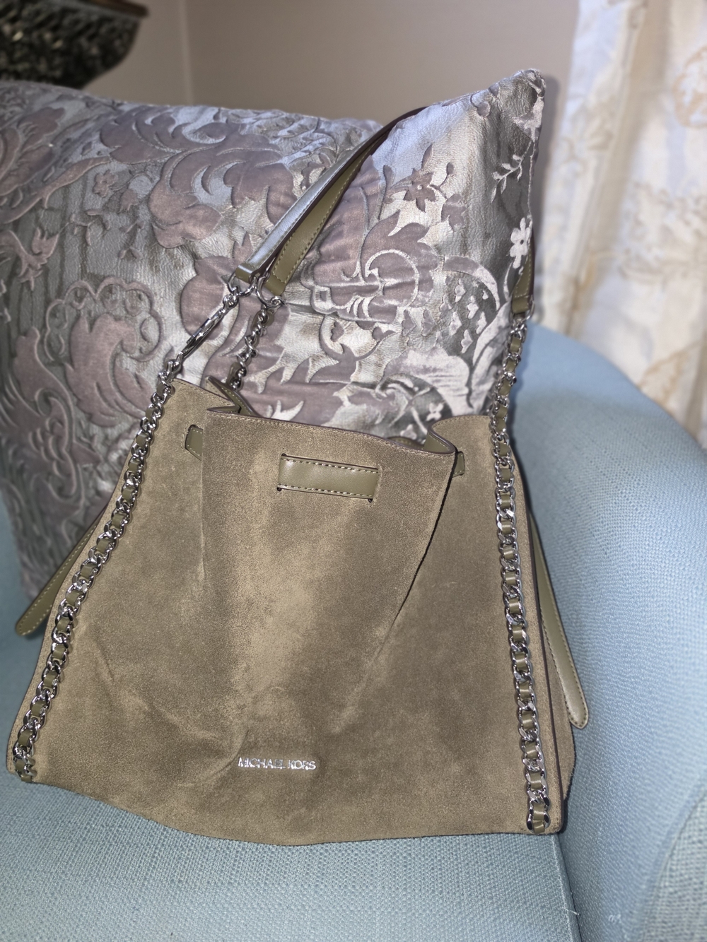 Michael Kors Olive Suede Chain-Trim Shoulder Bag